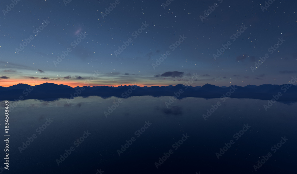 Fototapeta premium Starlit Night Sky Over a Mountain Range Reflected on Calm Water at Sunset