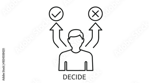 A person contemplating a decision between correct and incorrect paths symbolized by checkmarks