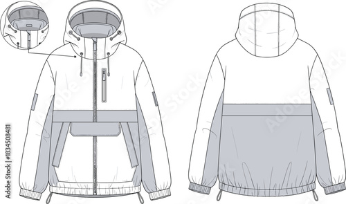Anorak Pullover Jacket Technical Fashion Flat Sketch Illustration with Hood, Zipper, Pouch Pocket, and Cuffs for Tech Pack Apparel Design CAD Mockup Template