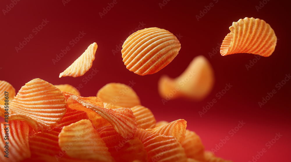 Fototapeta premium Crispy ridged potato chips flying above a pile against a vibrant red background. 