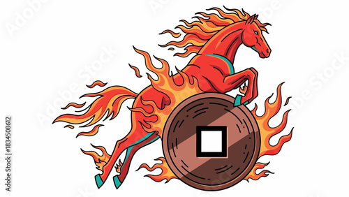 A vibrant fire element horse of the zodiac, a powerful symbol for prosperity during the Chinese New Year and Lunar New Year in Asian culture