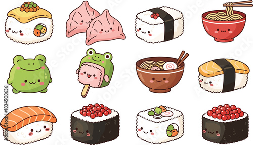 Cartoon Asian food characters with smiling faces, cute sushi dumpling noodle icons, playful snack illustration grid, vector art design