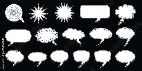 Comic speech and thought bubble set, cartoon dialogue elements, graphic novel icons, expressive shapes, vector illustration for storytelling design