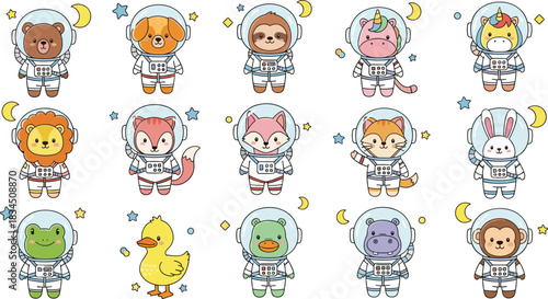 Cartoon animals in astronaut suits, space exploration theme, cute character grid, whimsical cosmic illustration, educational vector art for kids
