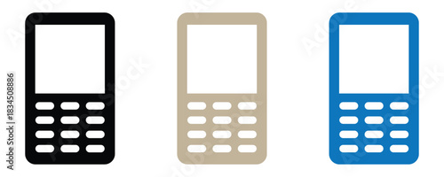 Classic mobile phones in black, beige, and blue, perfect for illustrating communication history, retro technology, or phone evolution, simple and clean design