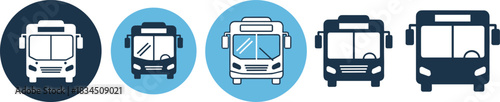 Public transportation bus vector icon set with multiple styles, depicting front view silhouette of city transit coach, offering transport, travel, commute, and 