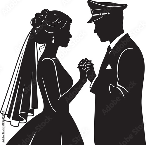 Silhouetted wedding couple holding hands, groom in uniform, bride in veil, tender moment of love and commitment on their wedding day