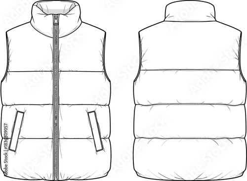 Puffer Vest Technical Flat Sketch Drawing for Fashion Design, Quilted Sleeveless Jacket Mockup, Front and Back View, Outline Template Vector Illustration