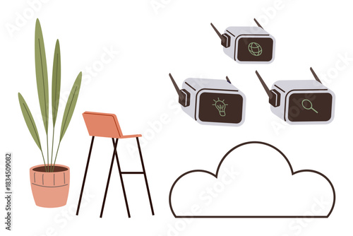 quadcopter devices with idea, global access, and search icons hover near a pot plant, chair, and cloud line. Ideal for technology, innovation, workspace, eco-friendliness creativity minimalism