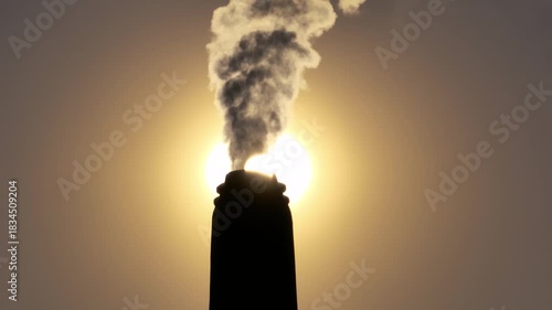 Thick smoke bursts from a brickfield chimney under the blazing sun, filling the sky and quietly harming nearby habitats, showing the harsh impact of industrial pollution.