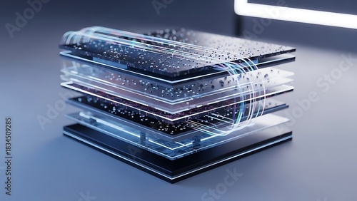 Futuristic Layered Technology Stack with Flowing Energy Streams