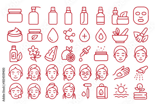 Skincare Outline Icon Set. Beauty, Cosmetic, and Natural Ingredients Vector Icons. Contains icons such as Cream Jar, Face Mask, Serum, Moisturizer, Aloe Vera, and Facial Treatment.