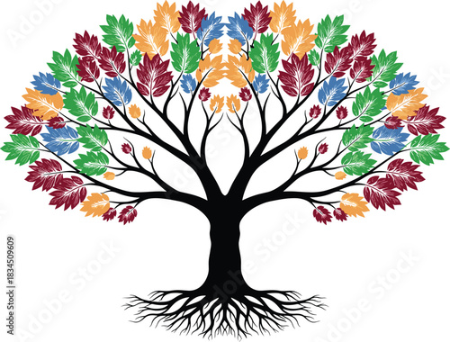 Vibrant Stylized Tree of Life Vector Illustration, Four Seasons Concept, Colorful Leaves, Detailed Roots, Nature, Growth, Abstract Graphic Design, SEO Keywords Included, Easily Editable EPS File.