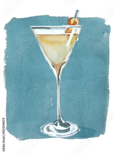Glass with Dirty martini cocktail-watercolor drink illustration isolated on a white background.
