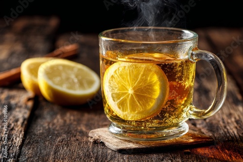 Steaming hot toddy drink with lemon