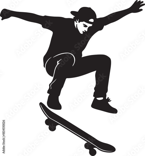 Dynamic silhouette of a male skateboarder performing an airborne trick with arms outstretched, capturing motion and urban sport energy.