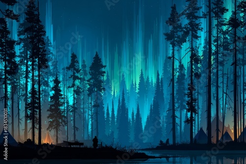 Tent silhouette under aurora flat