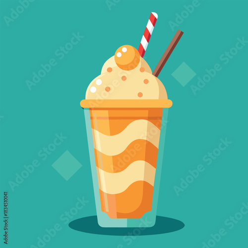 Orange smoothie or milkshake in a glass with straw