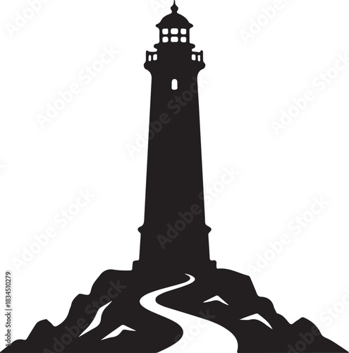 Lighthouse silhouette on a rocky coast with a winding path leading up, symbolizing navigation, hope, and safe passage at sea.