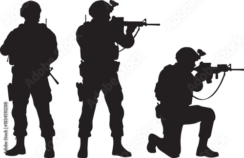 Military soldiers silhouettes vector illustration. army force personnel in combat gear, ready for action, various poses, tactical readiness.