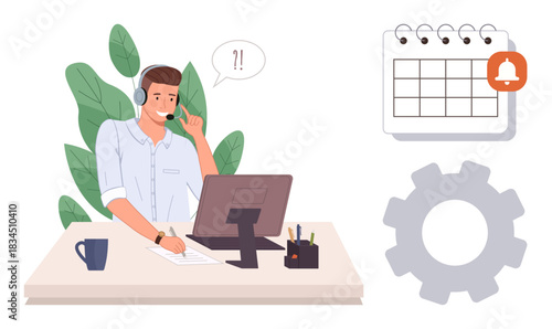 Man multitasking at desk wearing headset, solving customer queries. Ideal for support, productivity, teamwork, scheduling, operations, communication organization. Simple flat metaphor