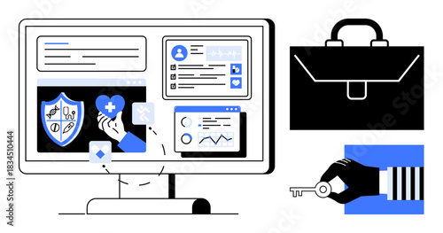 Healthcare services, online security, data management, key access, digital privacy, medical technology. A monitor shows medical icons and files, with a key and a briefcase. Healthcare services