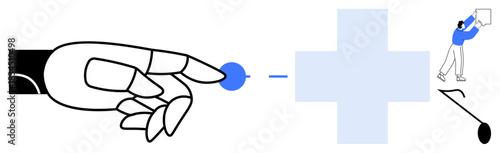 Human and technology synergy. A hand robotics and a human figure showcase technology impacting teamwork and innovation. Perfect for technology, collaboration, future concepts, communication