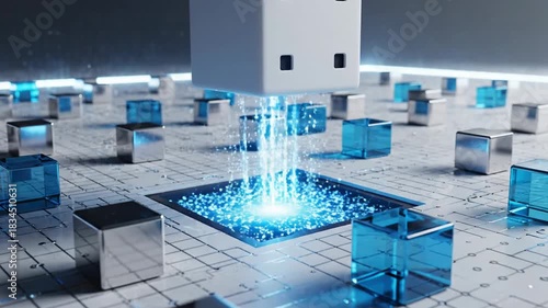 Futuristic digital data cube processing information on a circuit board with abstract geometric shapes and glowing energy