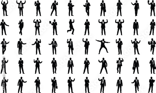 Business silhouette poses, professional gestures, character grid, body language, vector illustration, CAD drawing, flat design, office actions
