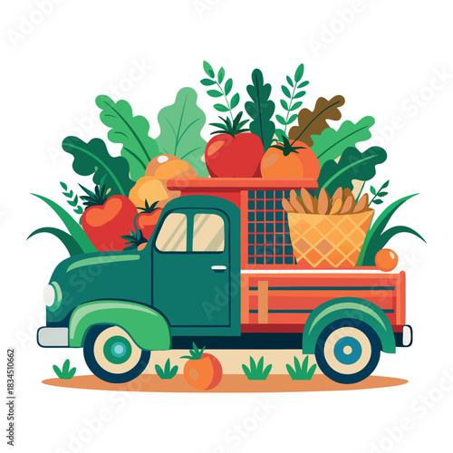 Cartoon vector illustration set of agriculture trucks and a tractor in the field for transportation and cargo delivery with a green eco design
