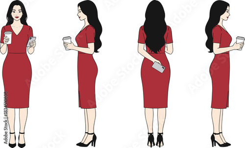 Fashion character turnaround, red dress, smartphone, coffee cup, black heels, long hair, stylish woman, vector model, pose reference, illustration