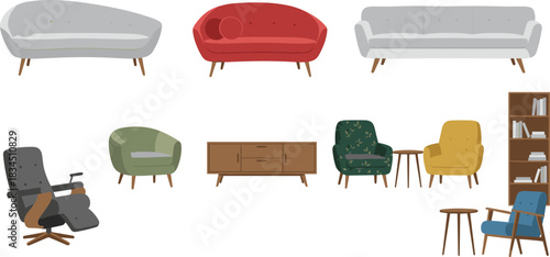 Furniture collection grid, sofa styles, armchairs, bookshelf, side table, vector interior, CAD drawing, flat illustration, home decor