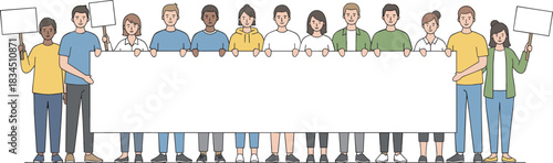 Group protest illustration, blank banner, diverse people, casual clothing, unity, collective action, demonstration scene, vector art, social message, crowd concept
