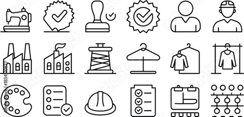 Collection of black and white line art icons representing manufacturing, quality control, and fashion industry