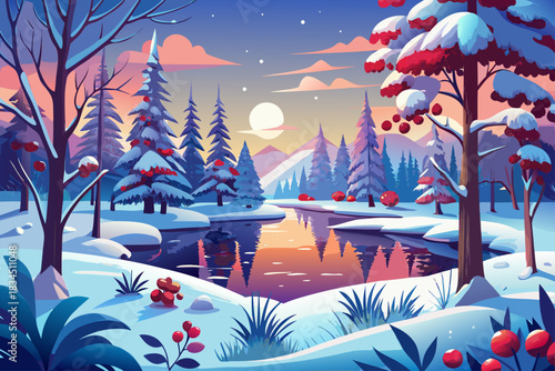 A quiet winter wonderland with snow-covered trees, red berries, and a quiet frozen lake at sunrise, quiet seasonal scenery, quiet natural scenery, and a quiet frosty morning setting.