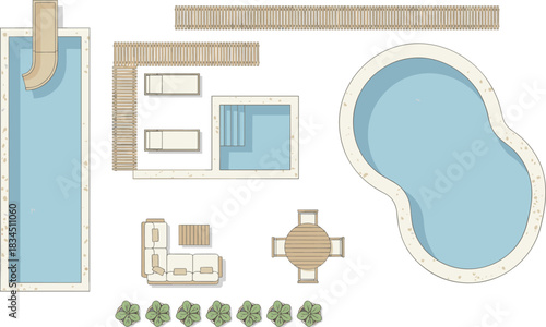 Outdoor leisure area, swimming pool, hot tub, lounge chairs, backyard design, resort layout, vector plan, landscaping, recreation zone, CAD drawing