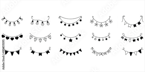 Decorative Garlands and Bunting with Flags Lights and Stars Keywords: garland, bunting, banner, decoration, party, celebration