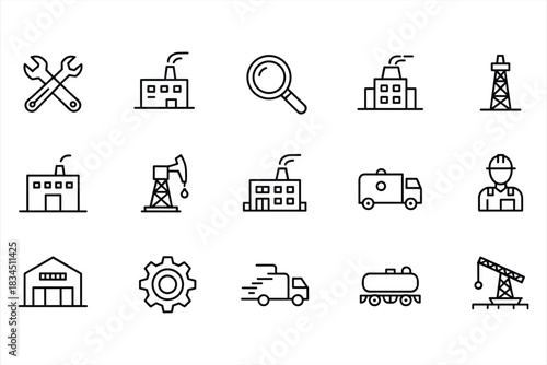 Industrial Icons Set Featuring Factories Tools and Transportation Keywords: factory, industry, icon, set, industrial, building