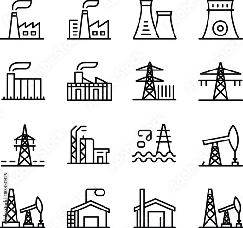 Industrial Icons Set Featuring Factories Power Lines and Oil Rigs Keywords: factory, industry, icon, set, industrial, building