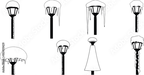 Street lamps covered in snow and ice in a black and white illustration