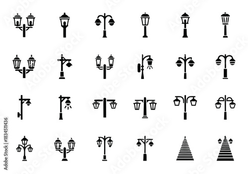 Collection of street lamp silhouette icons for architectural and urban design