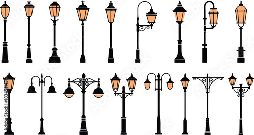 Collection of vintage street lamp silhouettes for architectural or design projects