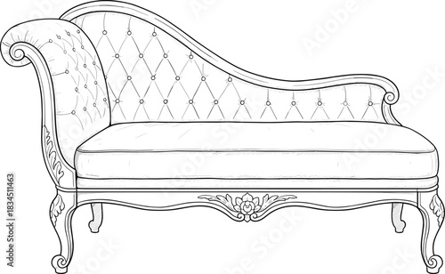 Vintage chaise lounge, line art, tufted backrest, ornate woodwork, rolled armrest, floral carving, classic furniture, vector illustration, interior design