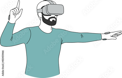 Virtual reality user, immersive tech, gesture control, futuristic interface, VR headset, vector art, CAD drawing, flat illustration, simulation