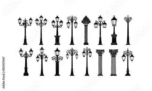 Collection of vintage street lamp silhouettes on white background