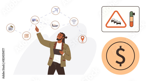Man pointing at a network of transport icons, traffic congestion warning, and cost sign. Ideal for logistics, planning, cost analysis, transportation systems, data flow, decision-making and supply