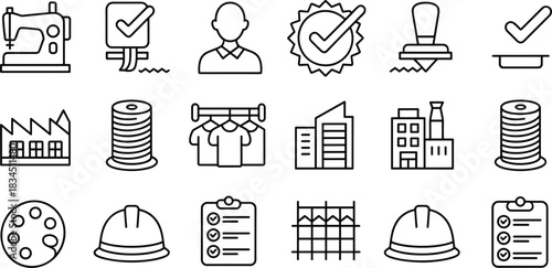 Line art icons for industry and quality control including sewing machine, factory, and checklist Keywords: industry, factory