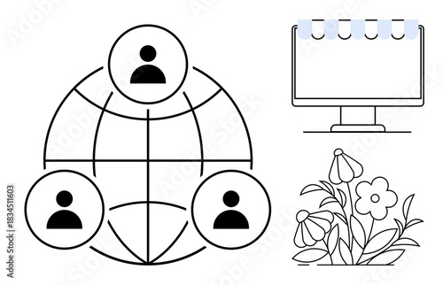 Global networking, digital communication, sustainability, internet connectivity, eco-design, online collaboration. People connected on a globe, a computer screen and flowers. Global networking