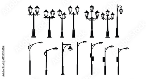 Street light silhouette collection vintage and modern lamp post designs