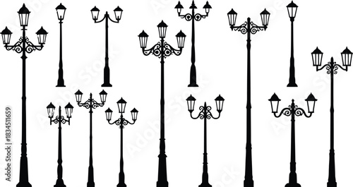 Collection of vintage street lamp silhouettes on a white background